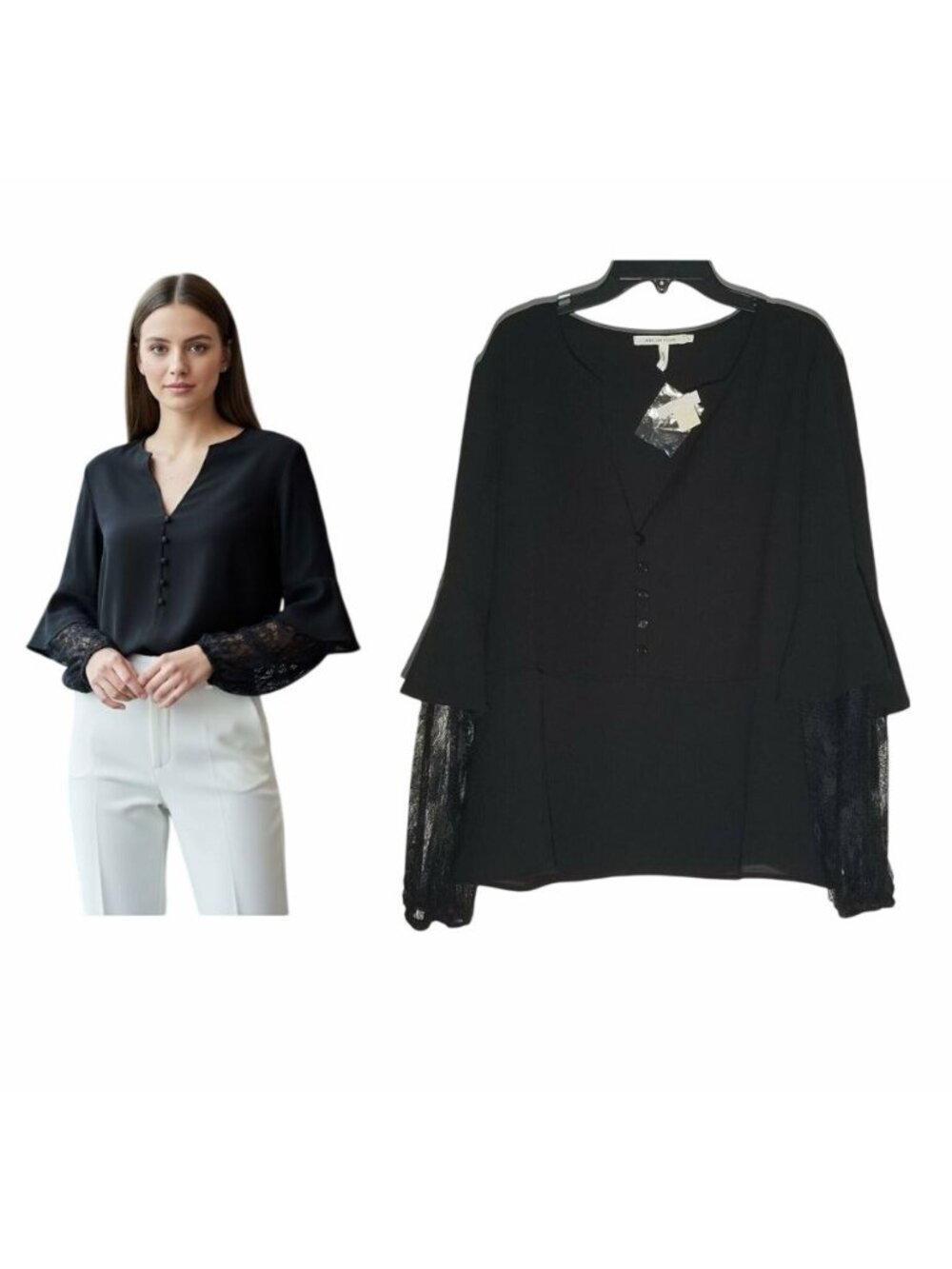 ⭐Avec Les Filles Sz M black boho blouse lace sleeves V-neck 3/4 Button Down New⭐